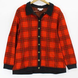 Eccotoo Women's Red & Black Metallic Thread Plaid Faux Sweater Cardigan Size 1X